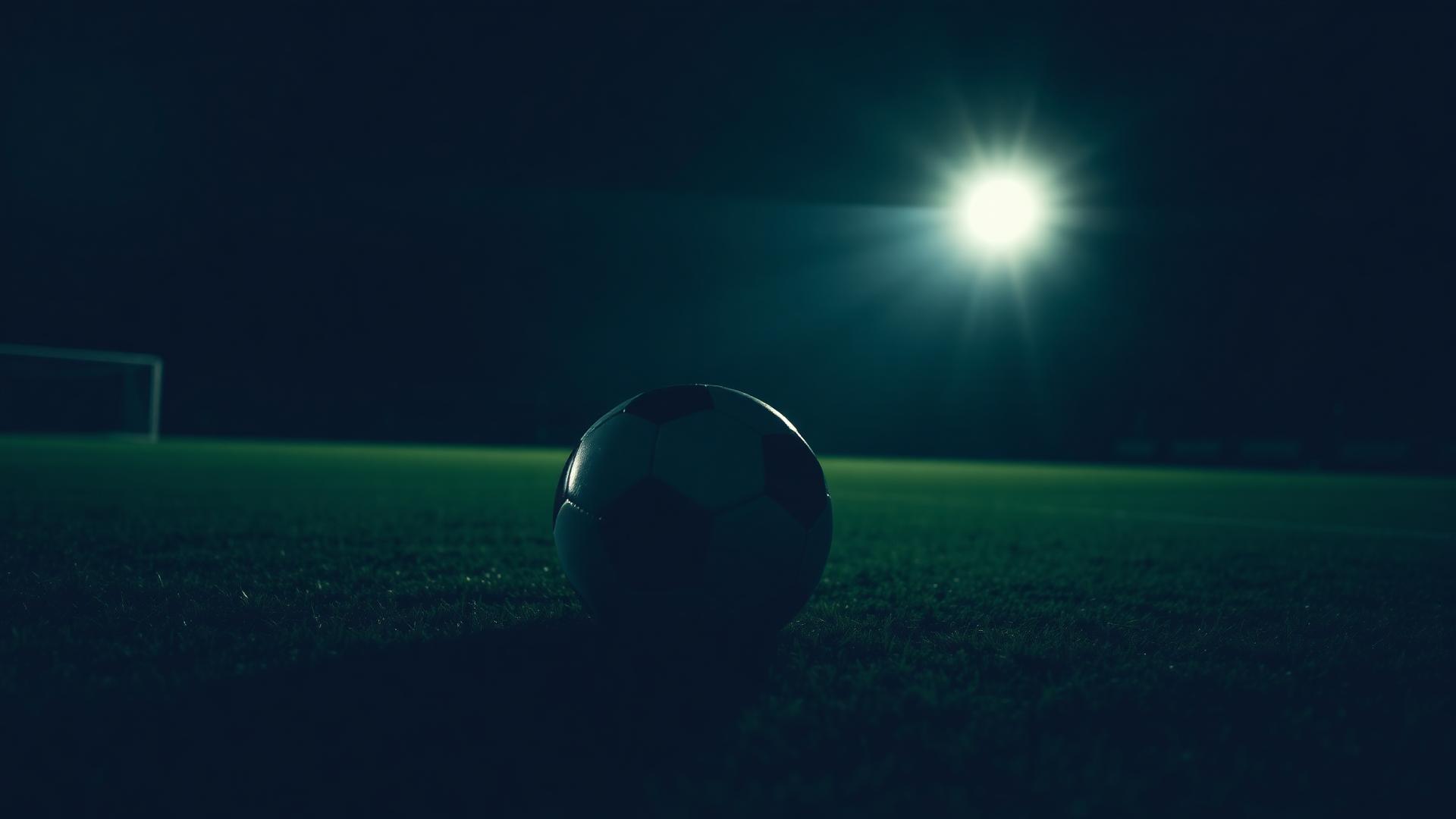 Football resting on a floodlit pitch at night